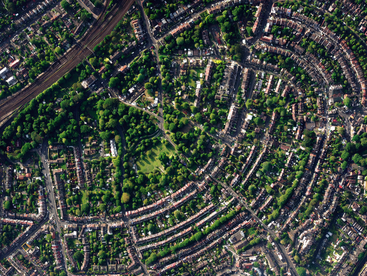 Aerial view of Barnet residential areas showing tree-lined streets and green spaces