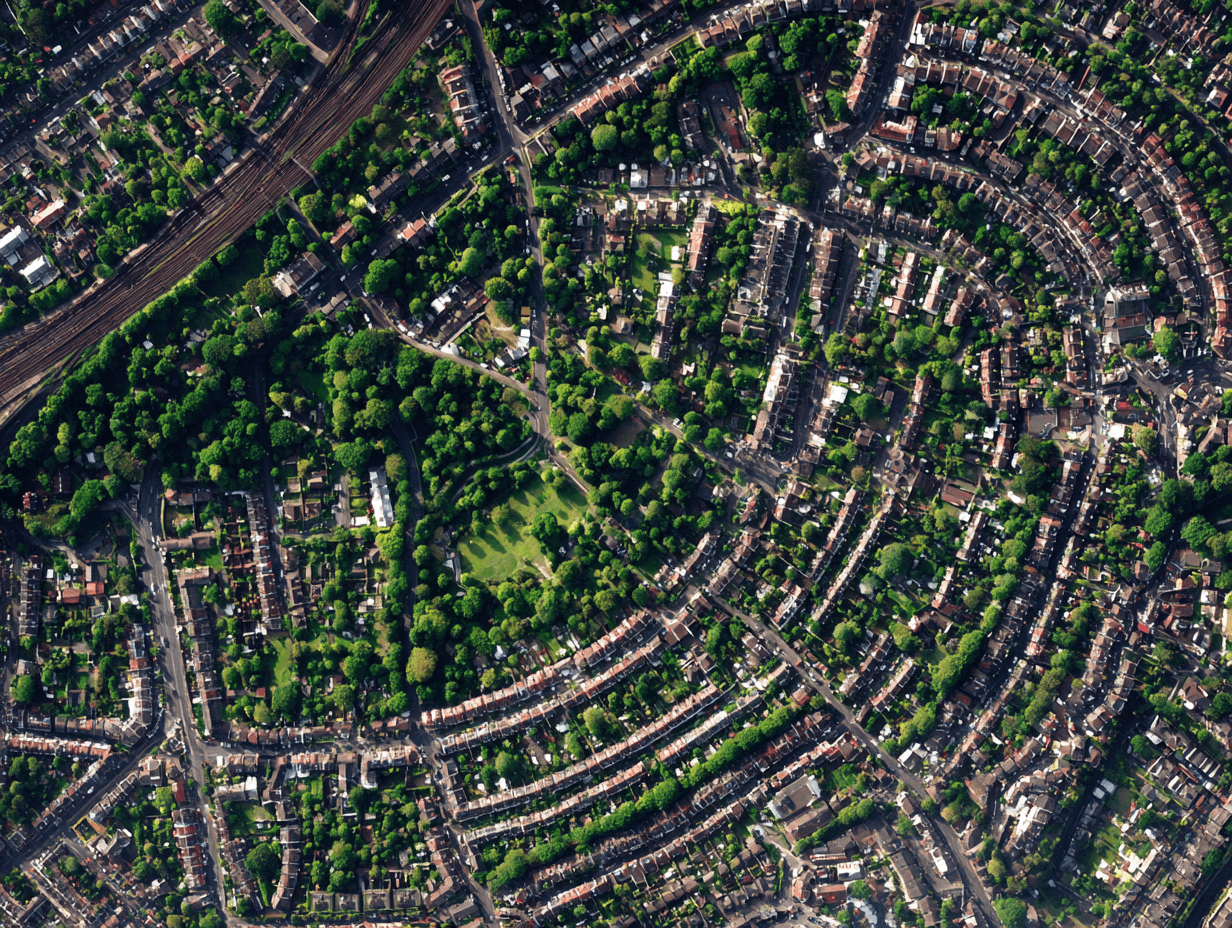 Aerial view of Barnet residential areas showing tree-lined streets and green spaces